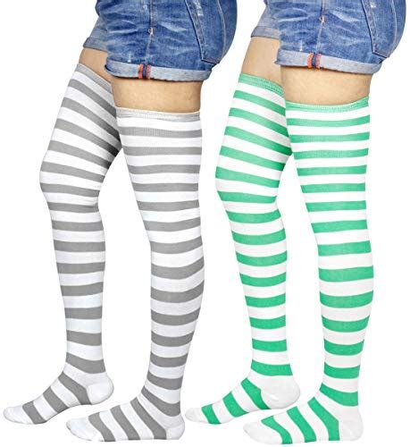 Neska Moda Women's 2 Pairs Grey And Green Cotton Striped Thigh-High ...