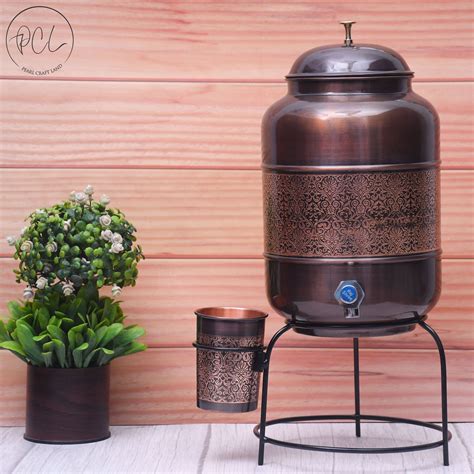 Pure Copper Water Dispenser with Glass and Stand Antique Engraved Desi ...