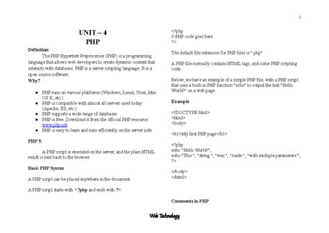 PHP - UNIT IV: Understanding PHP Basics and Advanced Concepts - Studocu