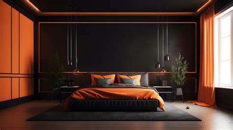 A black bedroom with orange accents and a black wall with a bed and a ...
