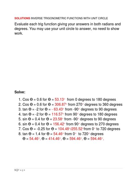 Solutions Inverse Trigonometric Functions With Unit Circle | PDF | Trigonometric Functions | Sine