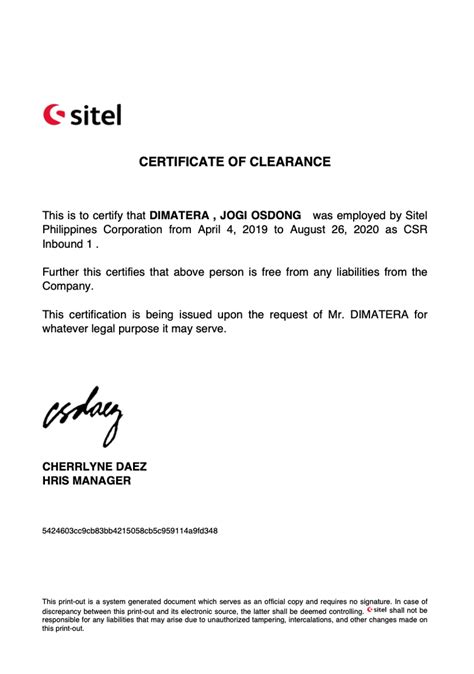 Certificate of Employment at Sitel Group Philippines | Freelancer