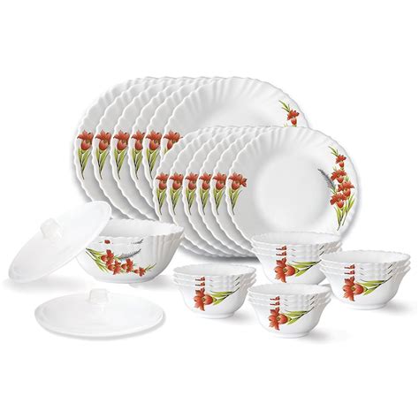Larah by Borosil Red Iris Fluted Series Opalware Dinner Set | 28 Pieces ...