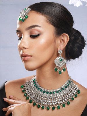 Buy Priyaasi Green Round Leaf Studded Silver-Plated Jewellery Set with ...