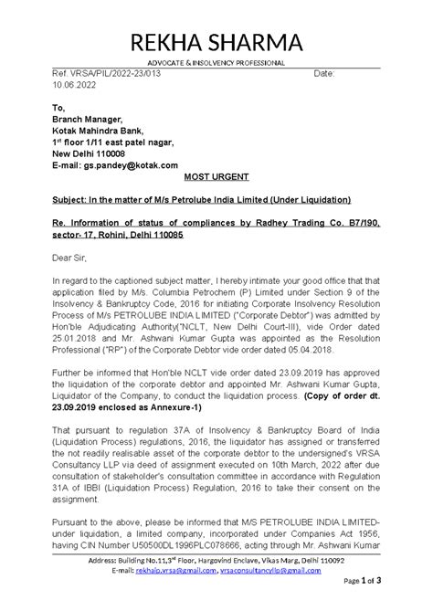 Letter to kotak mahindra - REKHA SHARMA ADVOCATE & INSOLVENCY ...
