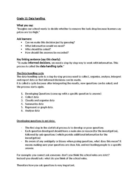 Grade 11: Data Handling - Developing Questions for Informed Decisions ...