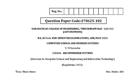 CCS360 End Sem Exam QP: Recommender Systems - CSE & IT - Studocu