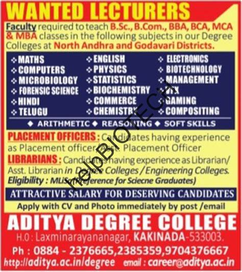 ADITYA Degree College Kakinada Lecturer Jobs in Biotech/Biochemistry ...