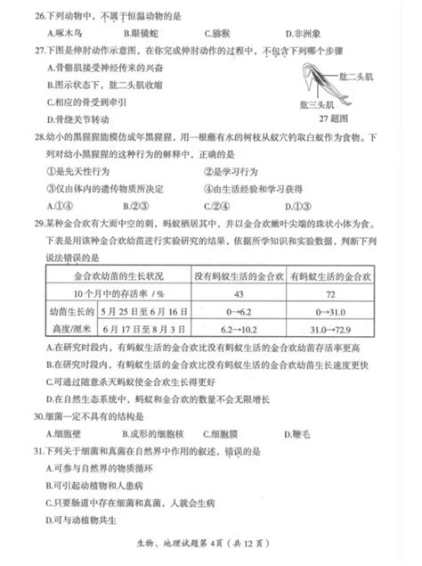 2023年大庆市中考生物试卷真题及答案_4221学习网