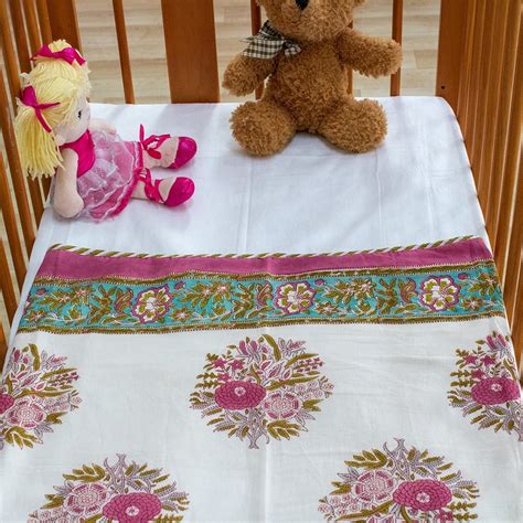 Cotton Mulmul Baby Dohar White Pink Guldasta Block Print