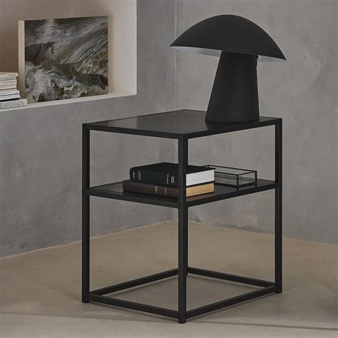 Black metal bedside table with shelf, Black