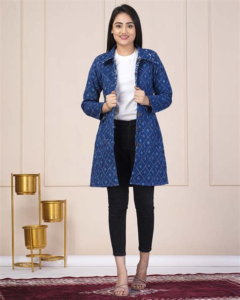 Indigo Long Quilted Jacket with Dotted Design | Raworiya