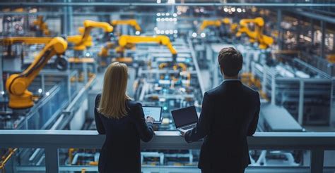People looking at computers in a factory with one of them holding their ...