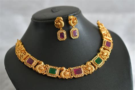 Matte finish ruby-green-white block stone swan necklace set dj-47662 ...