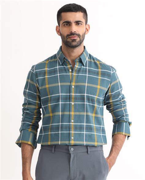 Rare Rabbit Men's Keller Navy Cotton Checked Print Regular Fit Full Sl