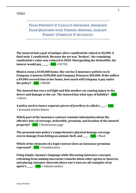 TEXAS PROPERTY & CASUALTY INSURANCE, INSURANCE EXAM QUESTIONS WITH ...