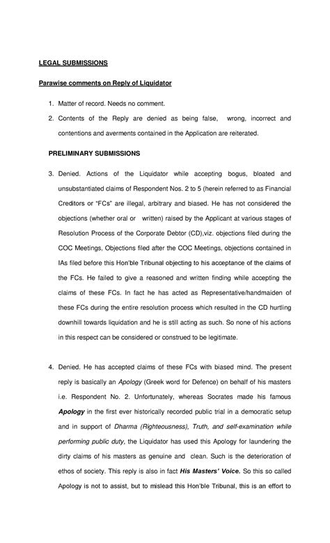Rejoinder - LEGAL SUBMISSIONS Parawise comments on Reply of Liquidator ...