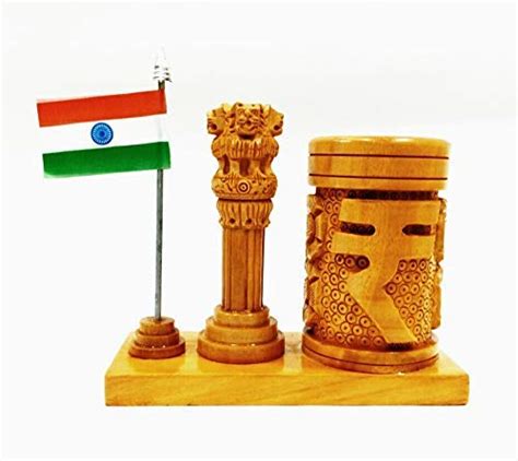 Murli Handicrafts Wooden Pen Holder with National Flag and Ashok Stambh ...