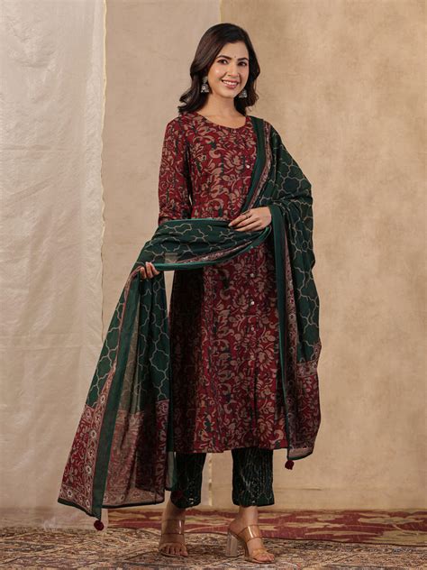Rang Deep Red & Green Print Cotton Set of Kurti With Pant & Dupatta ...
