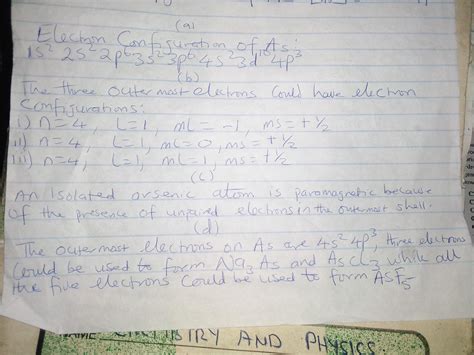 (a) Write the ground state electron configuration for an arsenic atom ...