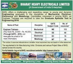 BHEL Engineer Trainee through GATE 2016 Apply Online (200 Vacancies)