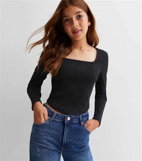 Girls Black Square Neck Ribbed Corset Top | New Look