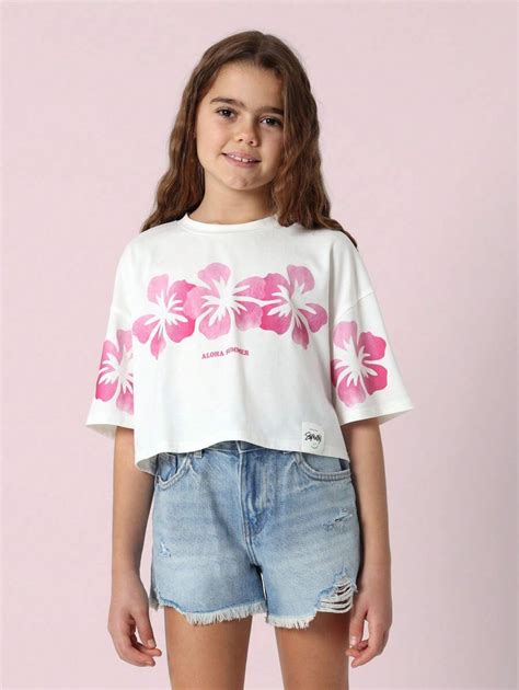 SUMWON Aloha Summer Crop T-Shirt Hawaiian Hibiscus Floral Print Short ...