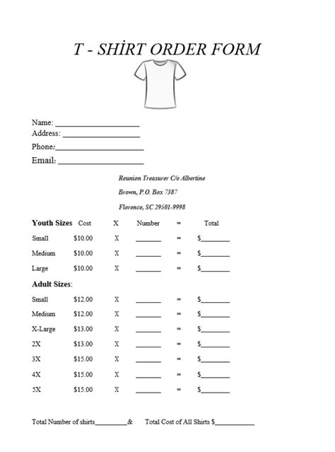 T Shirt Order Form WORD Template, Editable and Printable Tshirt ...