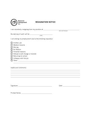 Fillable Online Resignation Notice Form - RMI Home Fax Email Print ...
