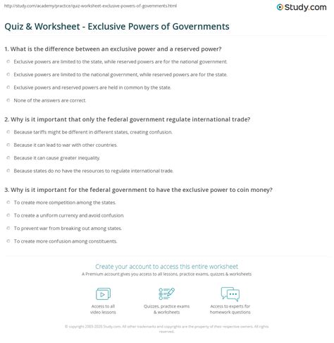 Quiz & Worksheet - Exclusive Powers of Governments | Study.com