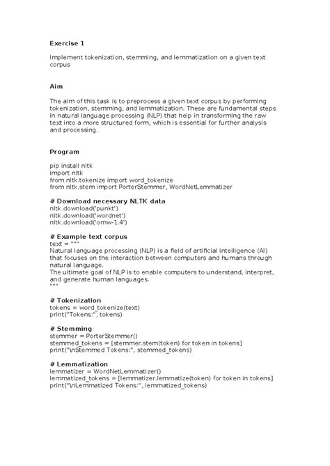 Lab - NLP Exercises on Tokenization, Stemming, and More - Studocu