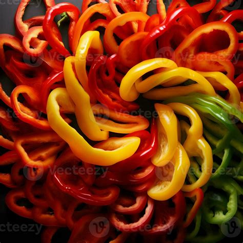 AI generated Lots of fresh sliced yellow, red, and green peppers. High ...