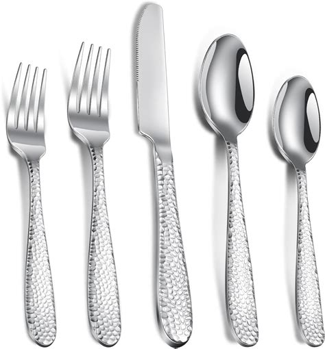 Amazon.com | 20-Piece Silverware Set, Hammered Stainless Steel Flatware ...