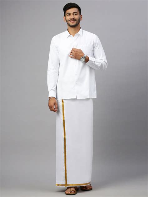 Men Cotton Blend Single Layer White Dhoti with 1" inch Gold Jari Border ...