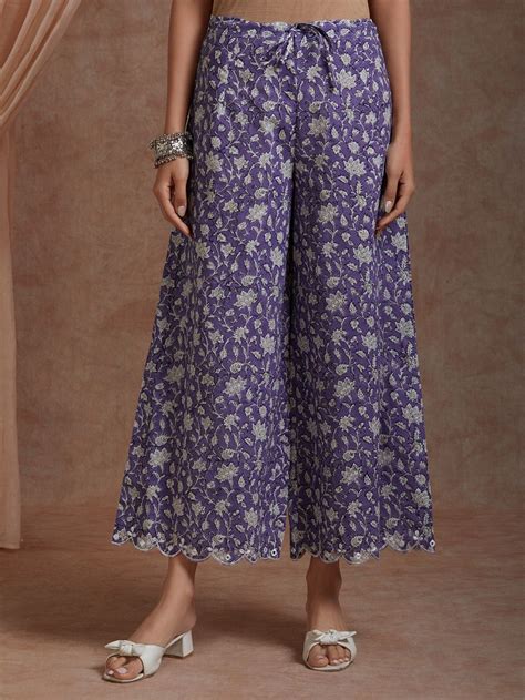 Buy Purple Hand Block Printed Cotton Embroidered Kurta with Palazzo ...