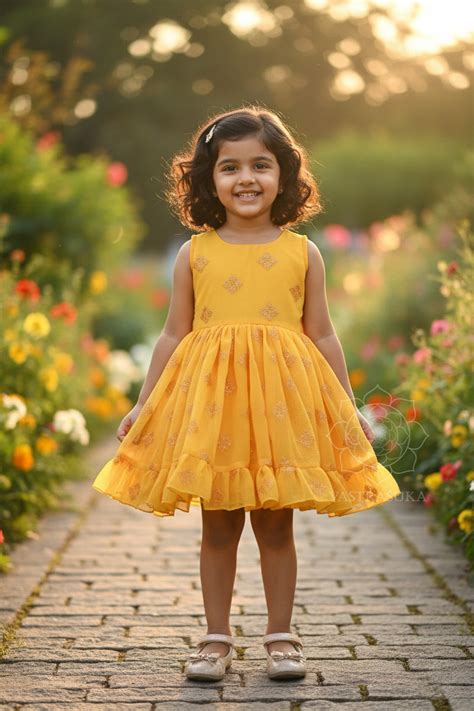Yellow embroidered georgette kids dress – Vastrasuka