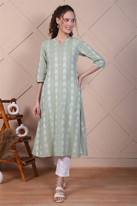 Buy Green Dobby A-line Casual Kurta in Mandarin Collar Online for Woman ...