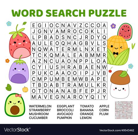 Vegetables and fruits word search game puzzle Vector Image