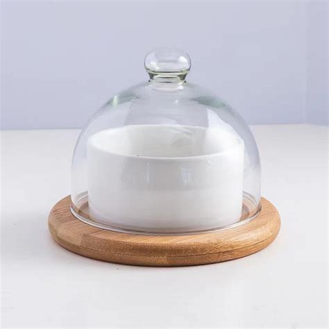 Ceramic Dessert Bowl with Glass Cloche & Wooden Tra – Whites & Pastels