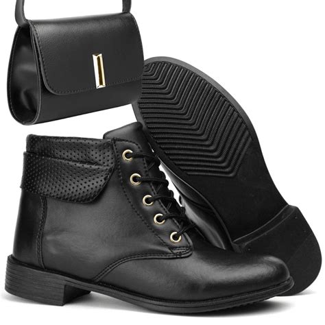 Kit Bota botinha cano tornozelo feminina fechamento em cadarço + bolsa ...