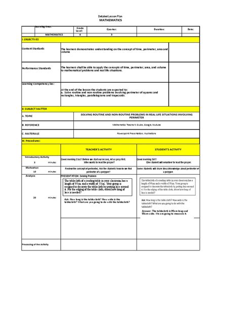 Image result for Learning Area in Lesson Plan Example