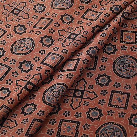 Brown Natural Dyed Chanderi Silk Kutch Hand Block Ajrakh Print Fabric