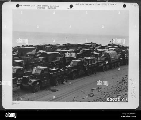 Surplus trucks and jeeps on the beach at Shemya Islands, Aleutian ...