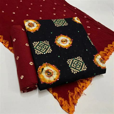 Golden Block Embroidery with mirror thread work bandhani (Unstitched ...