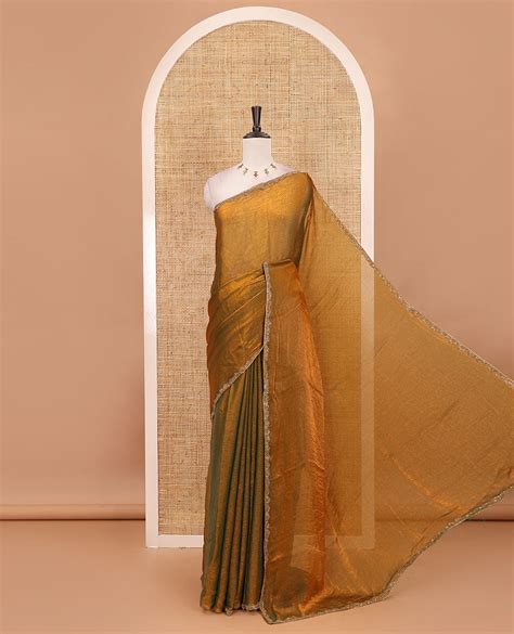 Mehendi green full-plain fendy chiffon saree, hand kardana embroidered