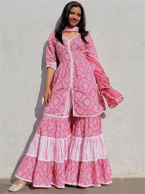 Buy Pink Printed Cotton Anarkali Kurti With Sharara & Dupatta Online at ...