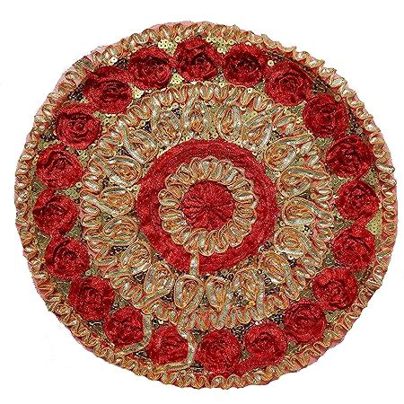 Buy Tubination Round Wool Red and White Puja Thali Cover/Thaal Posh ...