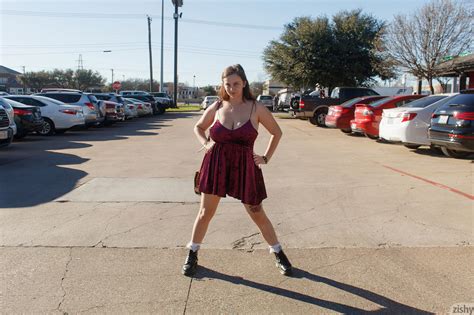 Milly Marks, huge breasts, chubby, American women, outdoors, parking lot, sun dress, Zishy ...
