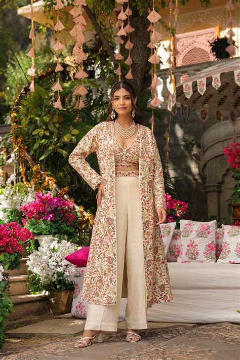 Ivory White Crop Top And Pant With Embellished Long Jacket – Aari Tari
