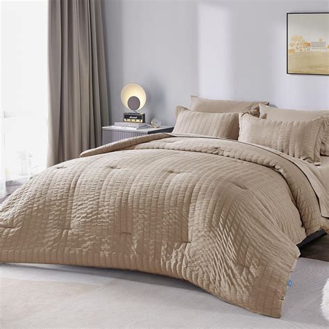CozyLux King Seersucker Comforter Set with Sheets Warm Taupe Bed in a ...